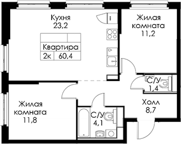 2-комнатная квартира 60.4 м², 1/13 эт., ЖК «Кантемировская 11»